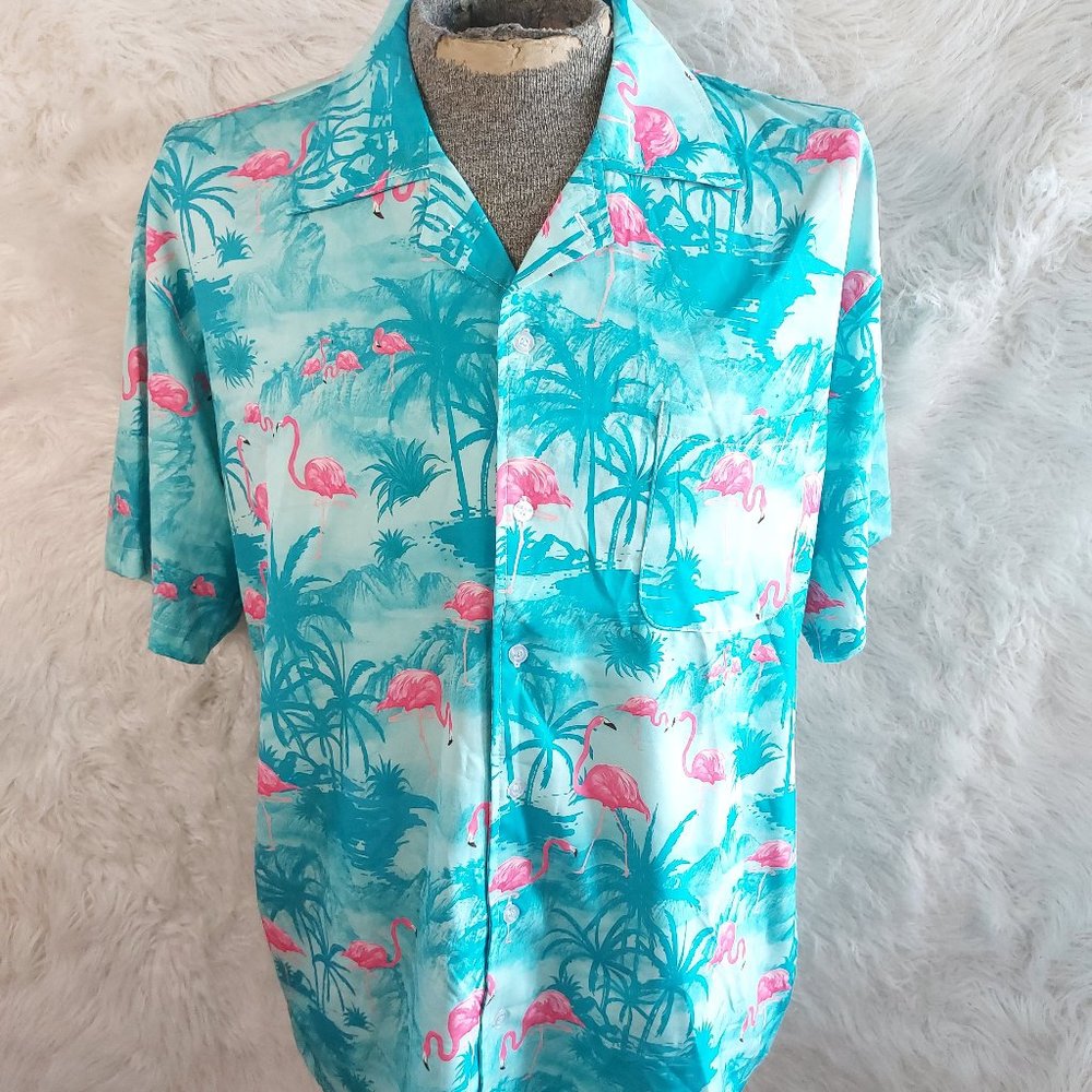 Studio Made Flamingo Men's Blue Tropical Hawaiian Shirt US XL
